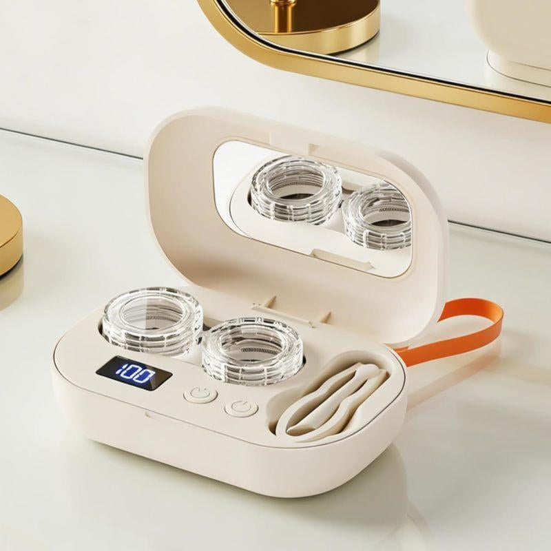 Ultrasonic Rechargeable Contact Lens Cleaner with Vanity Mirror - Portable Case for Hard & Soft Lenses, 2 Cleaning Modes, Daily Deep Cleaning for Travel, Sports, Office, and Home Use